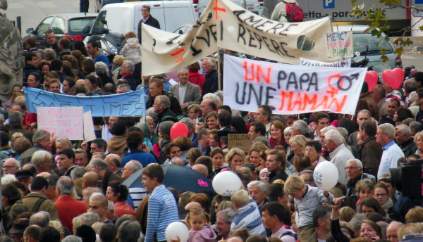 banners at anti same-sex marriage demonstration Marseille